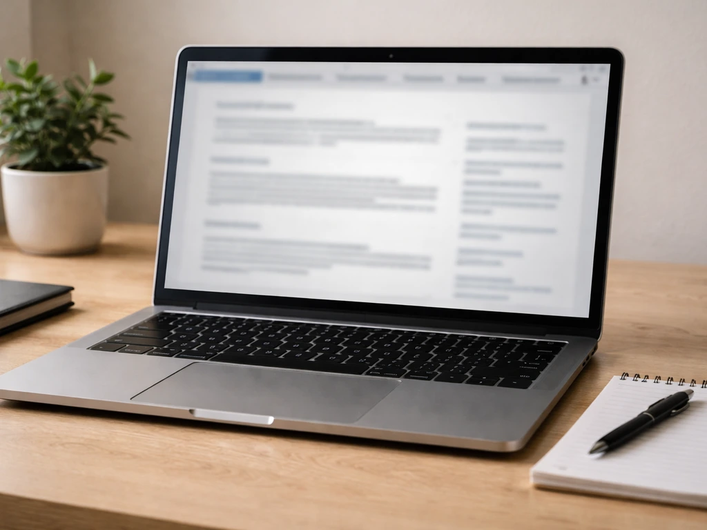 Anonymous desk with laptop showing blurred corporate filings interface, pen and notepad for public-record research.
