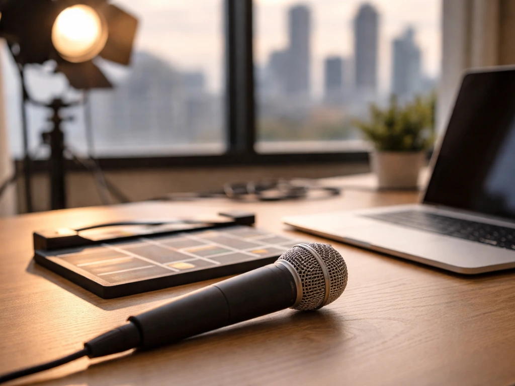 Unbranded film studio desk with microphone, clapperboard, and laptop symbolizing media career and finance analysis.