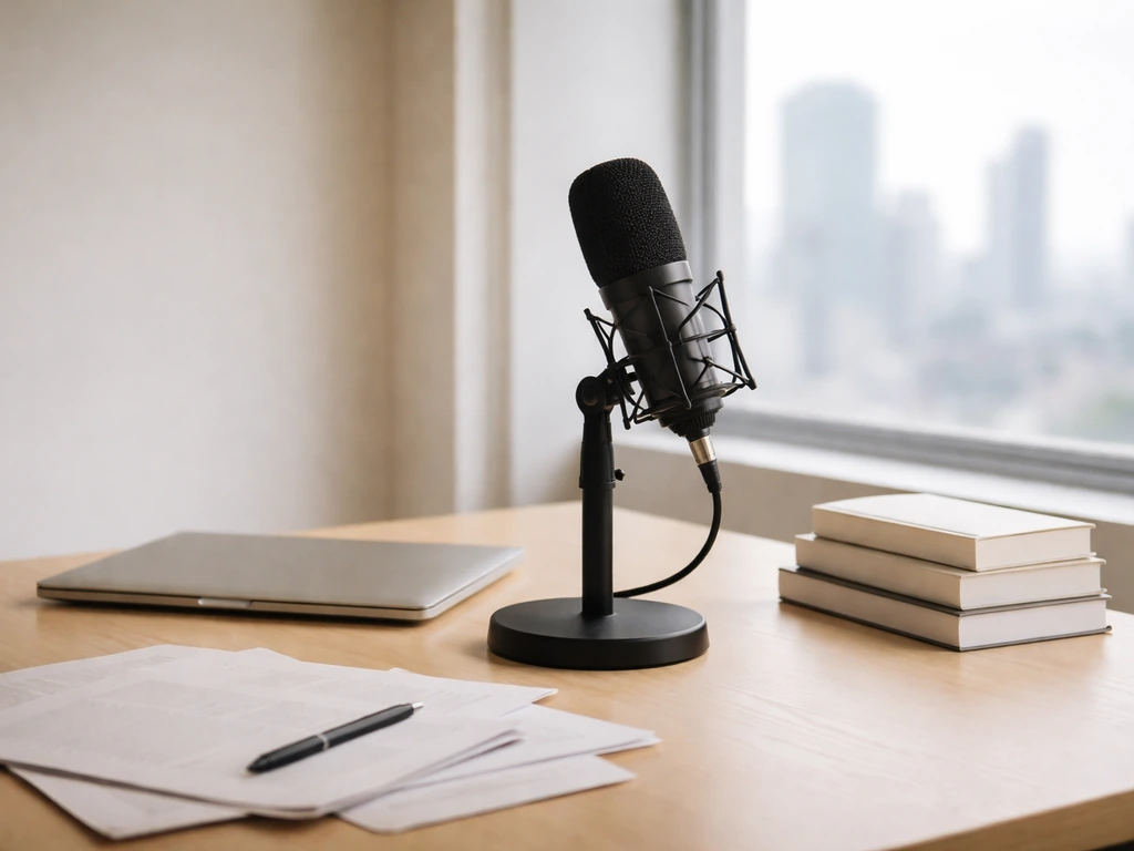 Minimal desk scene with a microphone and papers, suggesting media and public-profile research.