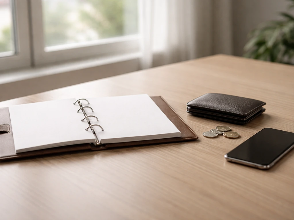 Minimal business desk with coins, wallet, and an open binder by a window, symbolizing a net worth estimate range.