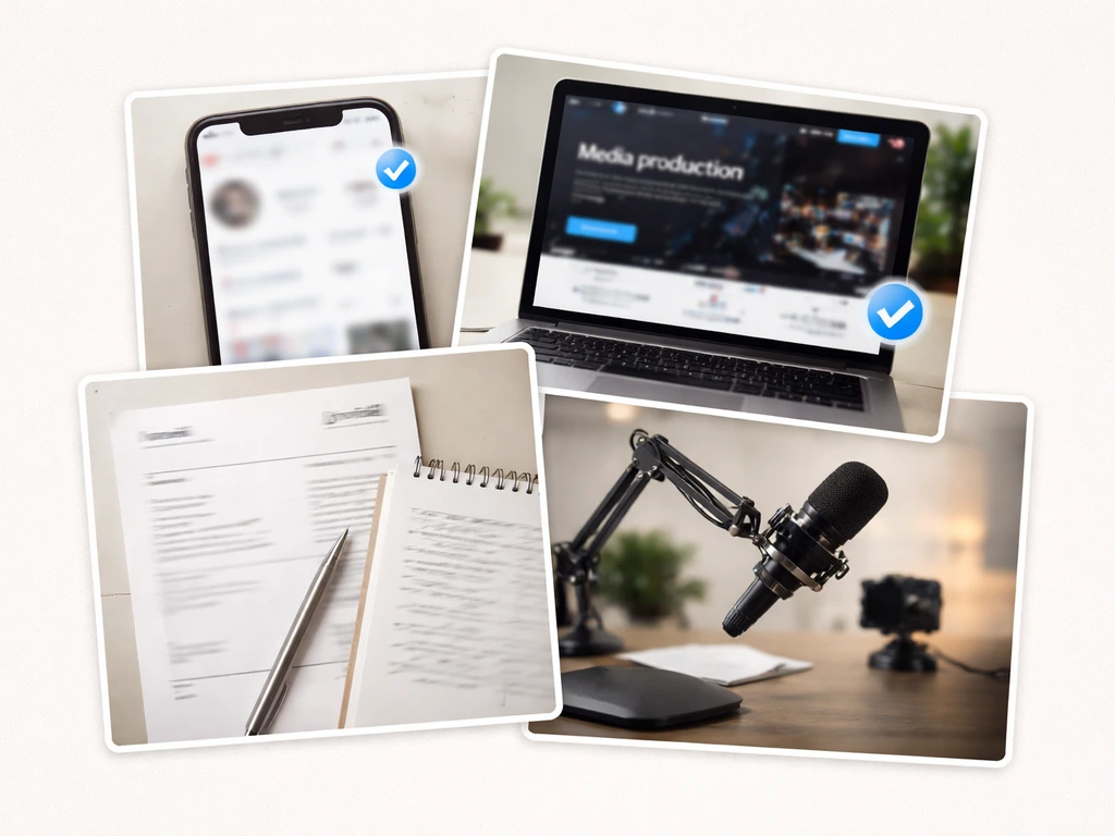 Minimal screenshot-style collage of blurred social profile, studio website, and office verification items.