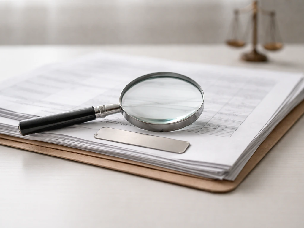 Magnifying glass examining layered financial documents on a desk, symbolizing net worth estimation.