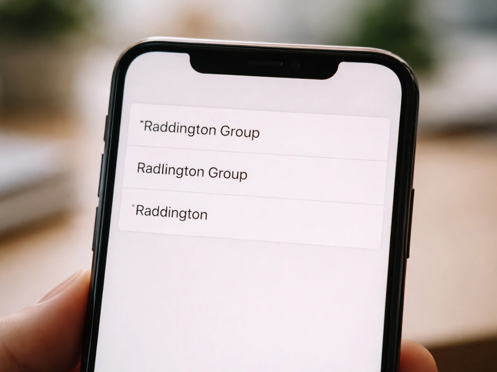 Minimal screenshot-style scene showing three side-by-side company name variations: Raddington and Radington.