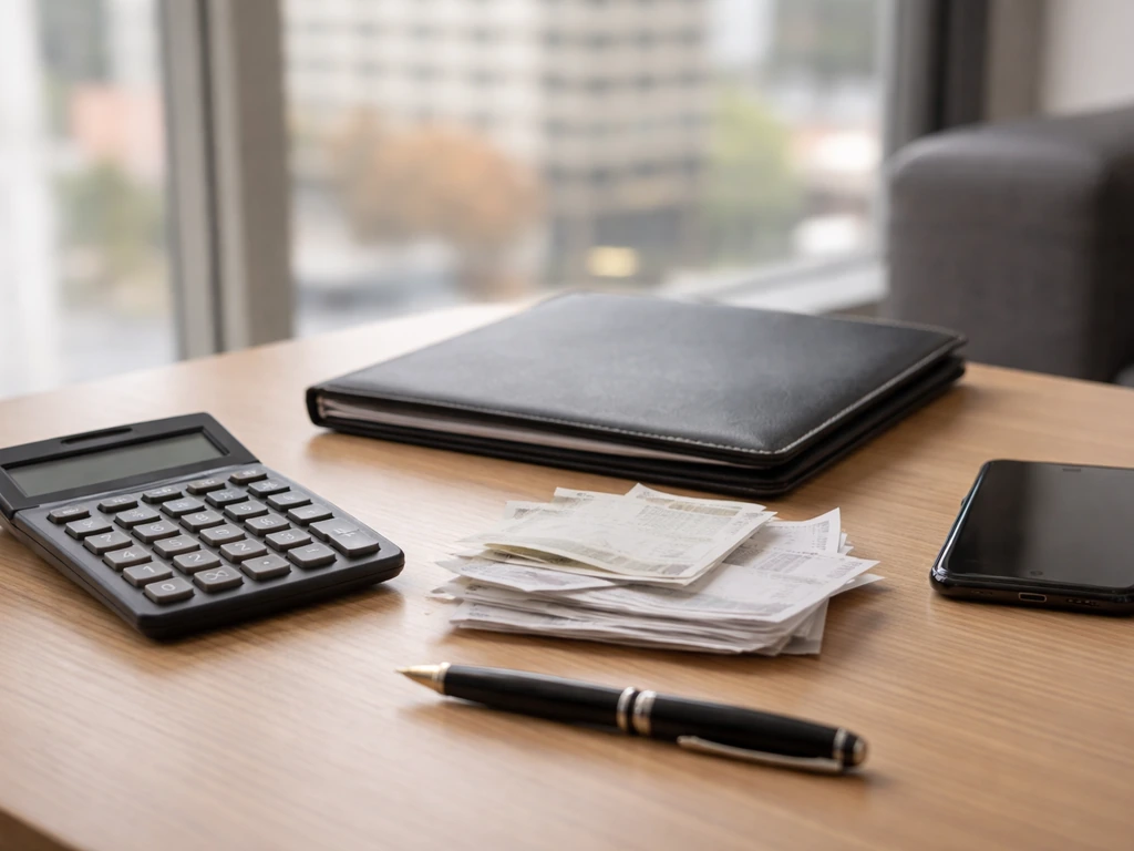 Minimal business desk scene with calculator, receipts, and pen suggesting financial estimation.