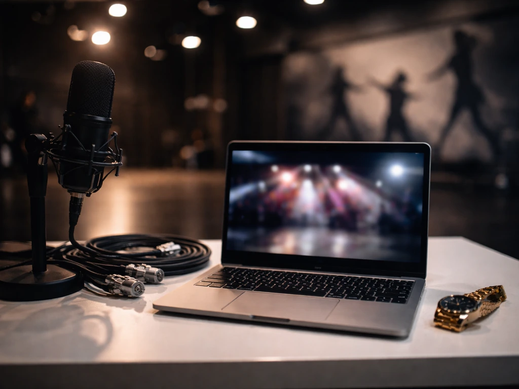 Minimal dance studio desk with laptop, microphone, cables, and a gold watch symbolizing entertainment wealth analysis.