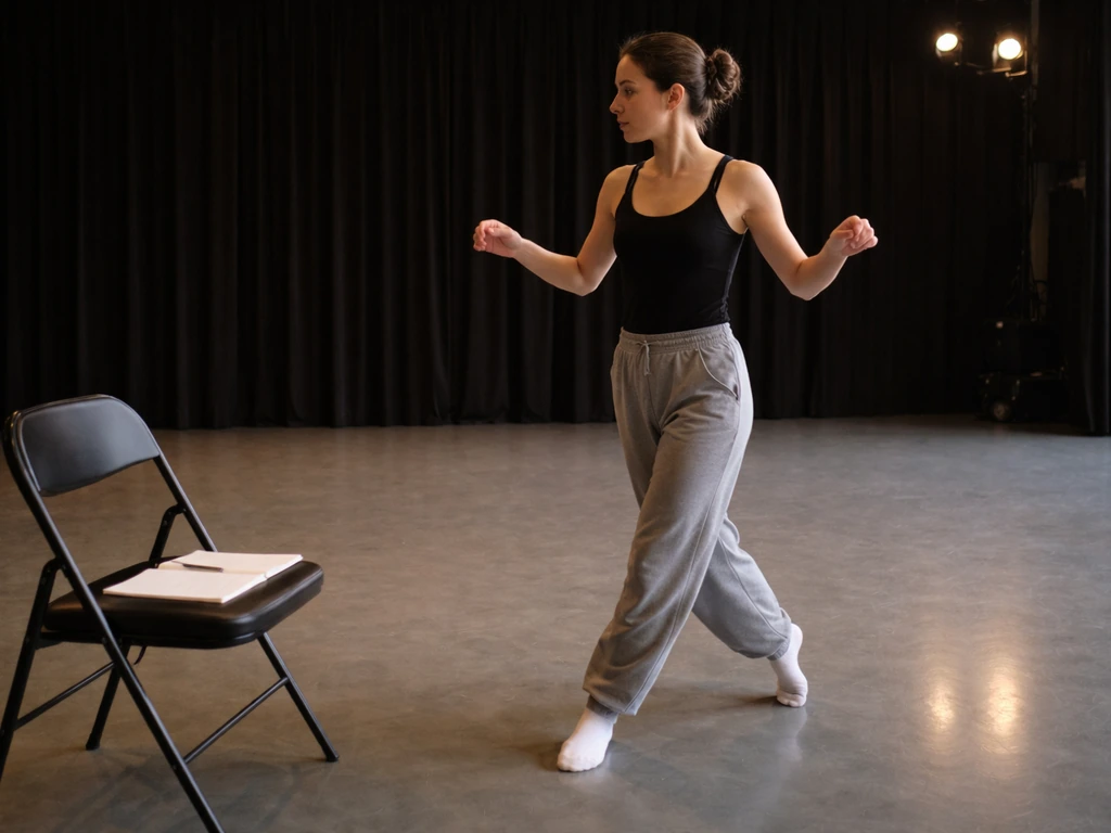 Dancer in a quiet rehearsal studio mid-step, wooden floor and soft stage lights in the background.