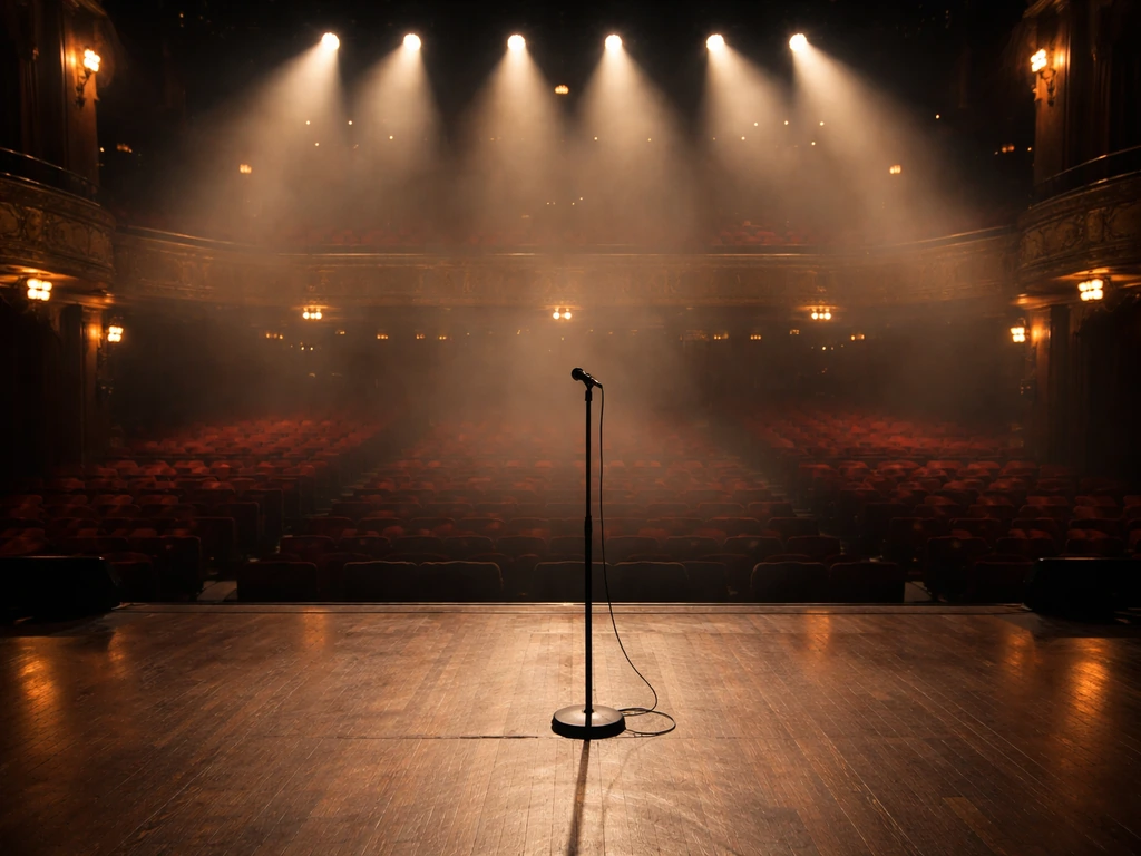 Broadway stage at showtime with warm lights and velvet seats, capturing live performance energy