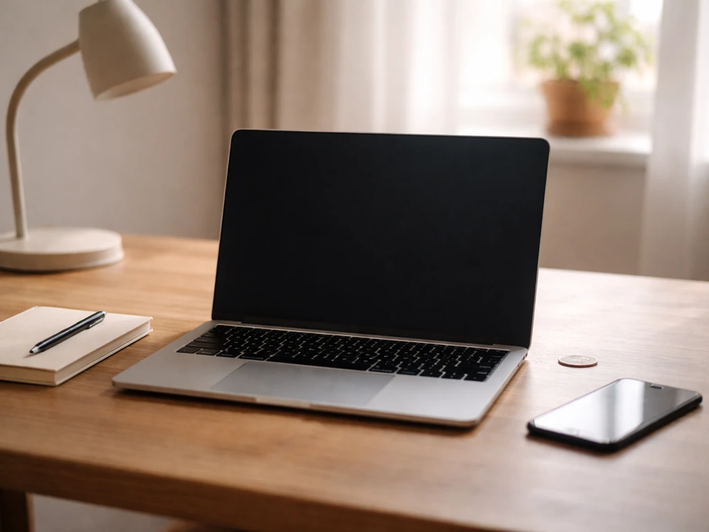 Minimal photo of a laptop and notebook in a quiet office, symbolizing checking entertainment credits and finances