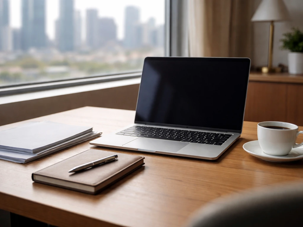 Minimal office scene symbolizing business wealth research—desk with laptop, documents, and a coffee cup