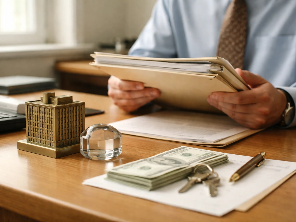 Anonymous hands hold a folder on a simple desk with a small building model and glass paperweight.