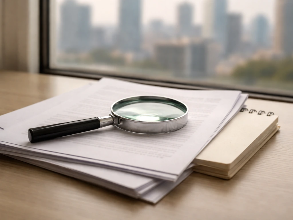 Minimal desk scene with a magnifying glass over printed pages, suggesting checking credibility of online claims