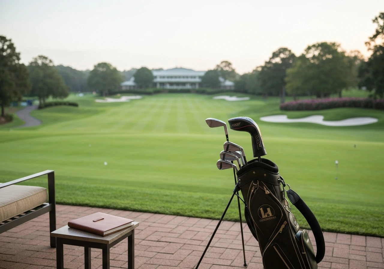 Quiet Augusta National-style clubhouse patio overlooking green fairway with a golf bag and business folder.