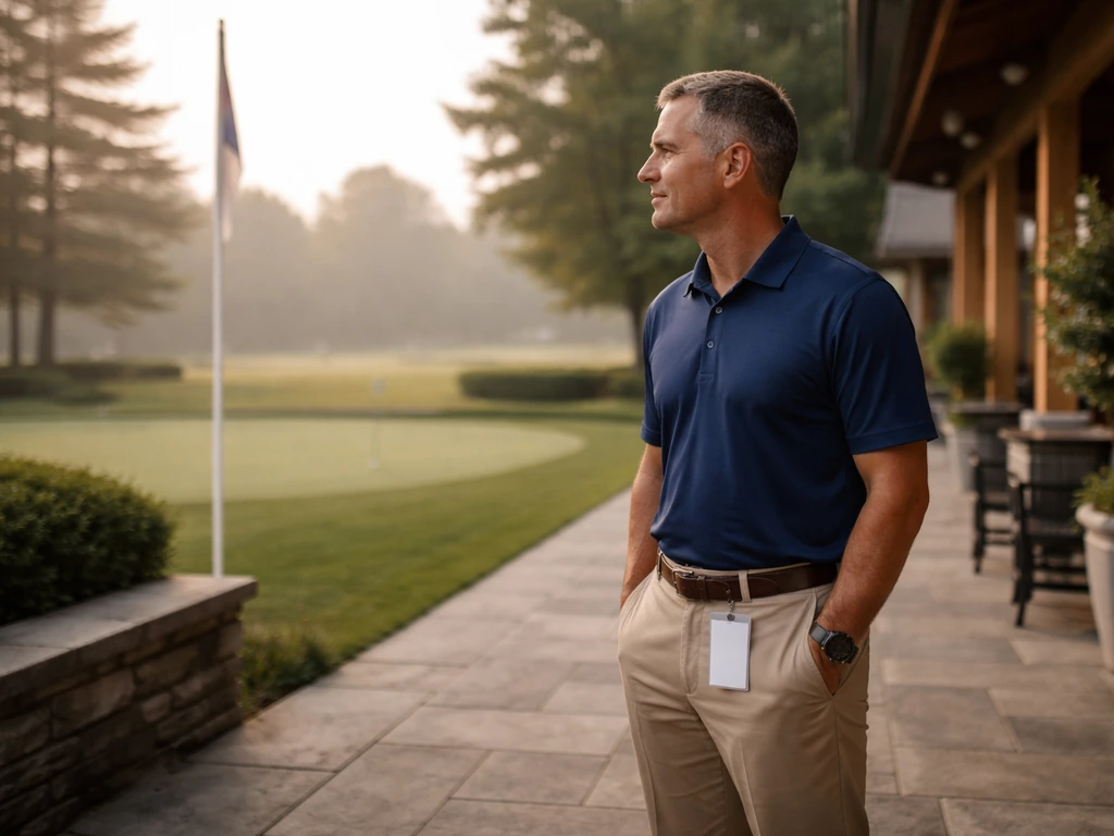 Anonymous golf clubhouse setting with a flag near a quiet courtyard, suggesting Augusta National leadership