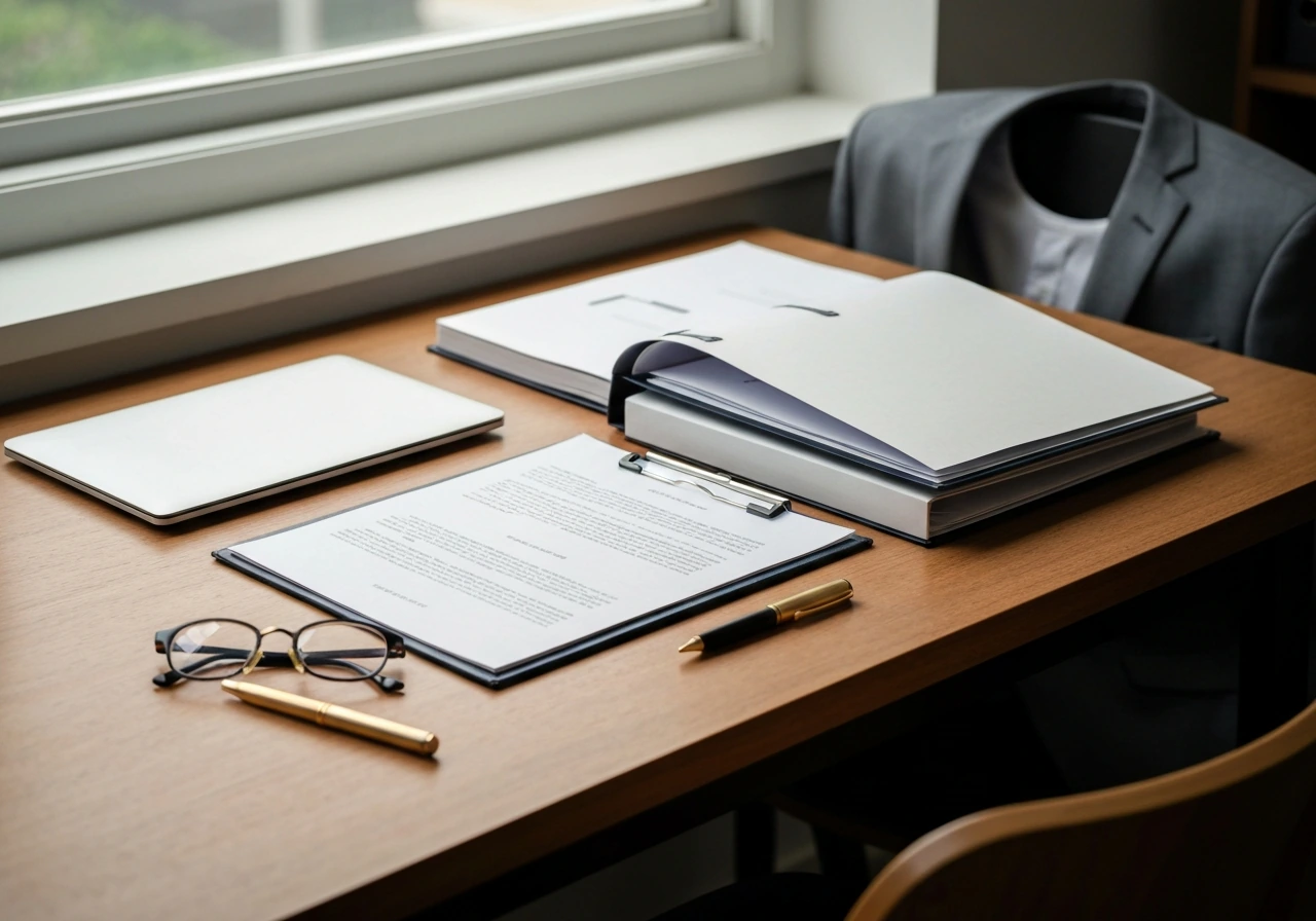 Law firm desk with partnership-style folders, muted suits, and a small gold-toned pen near a window