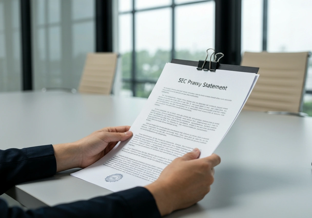 Close-up of hands holding an SEC proxy statement on a minimal office desk.