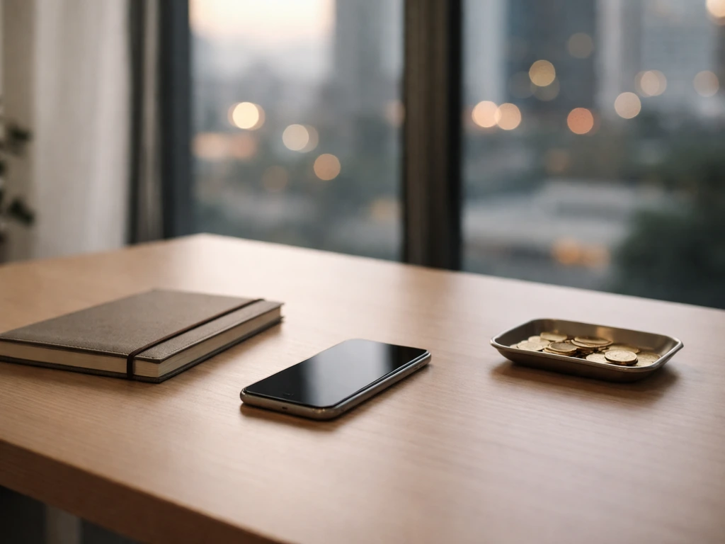 Minimal photo of an entrepreneur-style desk with a smartphone and a subtle money-focused atmosphere