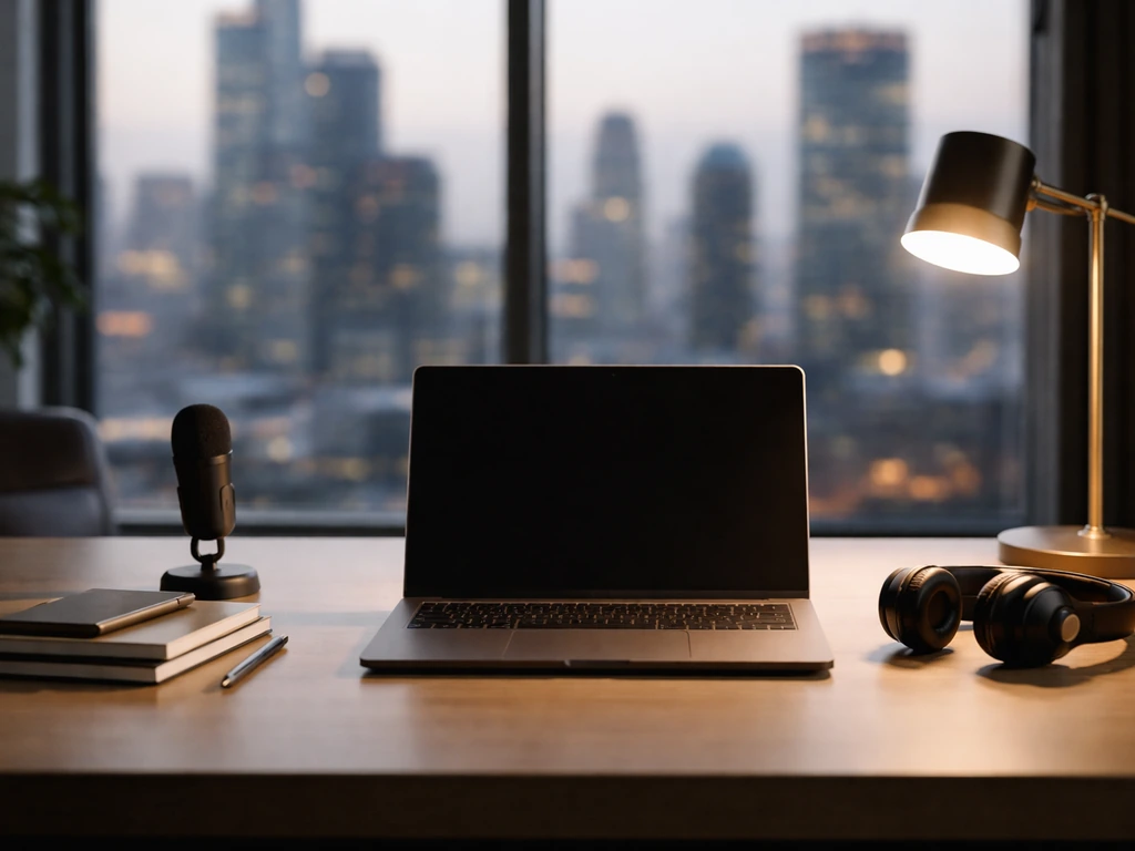 Minimal photo of a luxury desk setup with an open laptop and pen, symbolizing tech entrepreneurship and wealth interest.