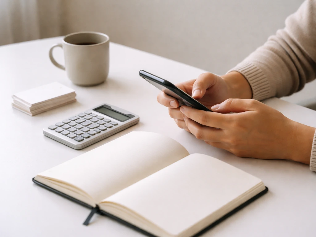 Focused hands at a desk with a smartphone, showing an anonymous business income analysis mood