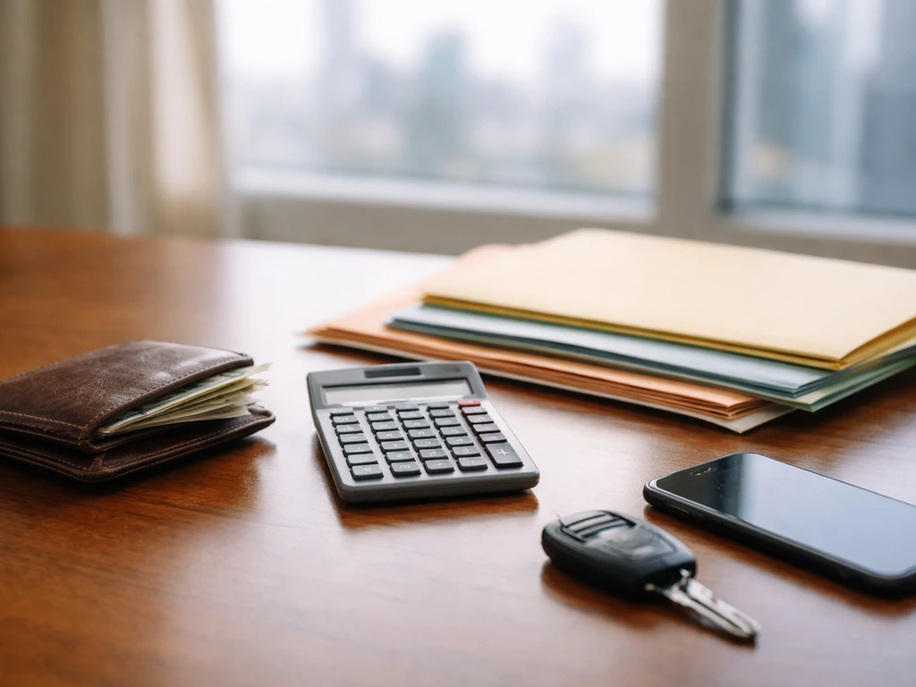Close-up of a desk with scattered folders, a calculator, and a blurred city skyline, symbolizing net worth estimates.