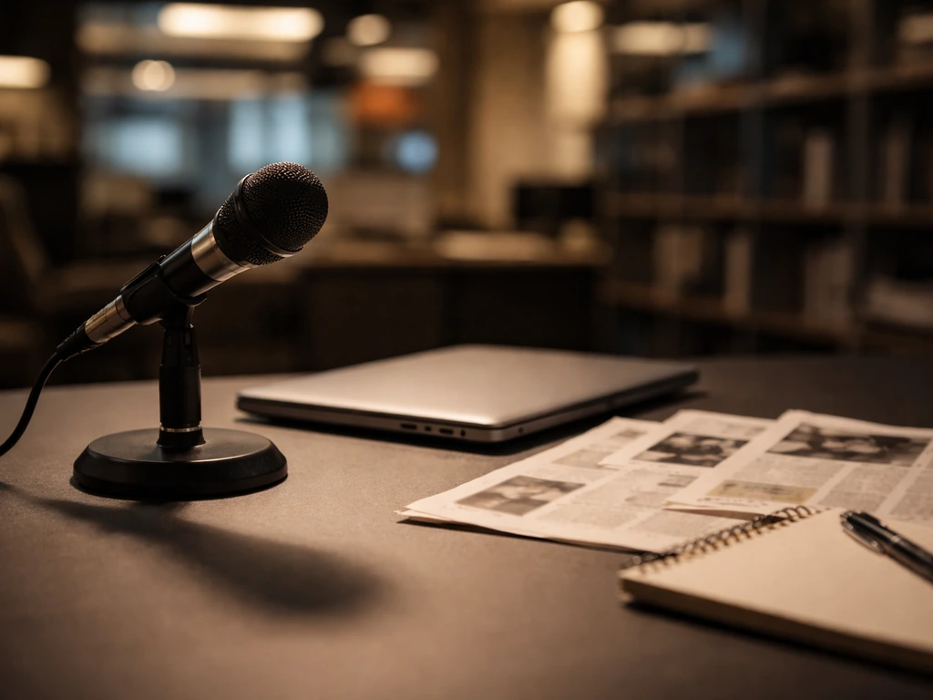 An anonymous journalist desk in a newsroom with a microphone and briefing papers, symbolizing media and money.