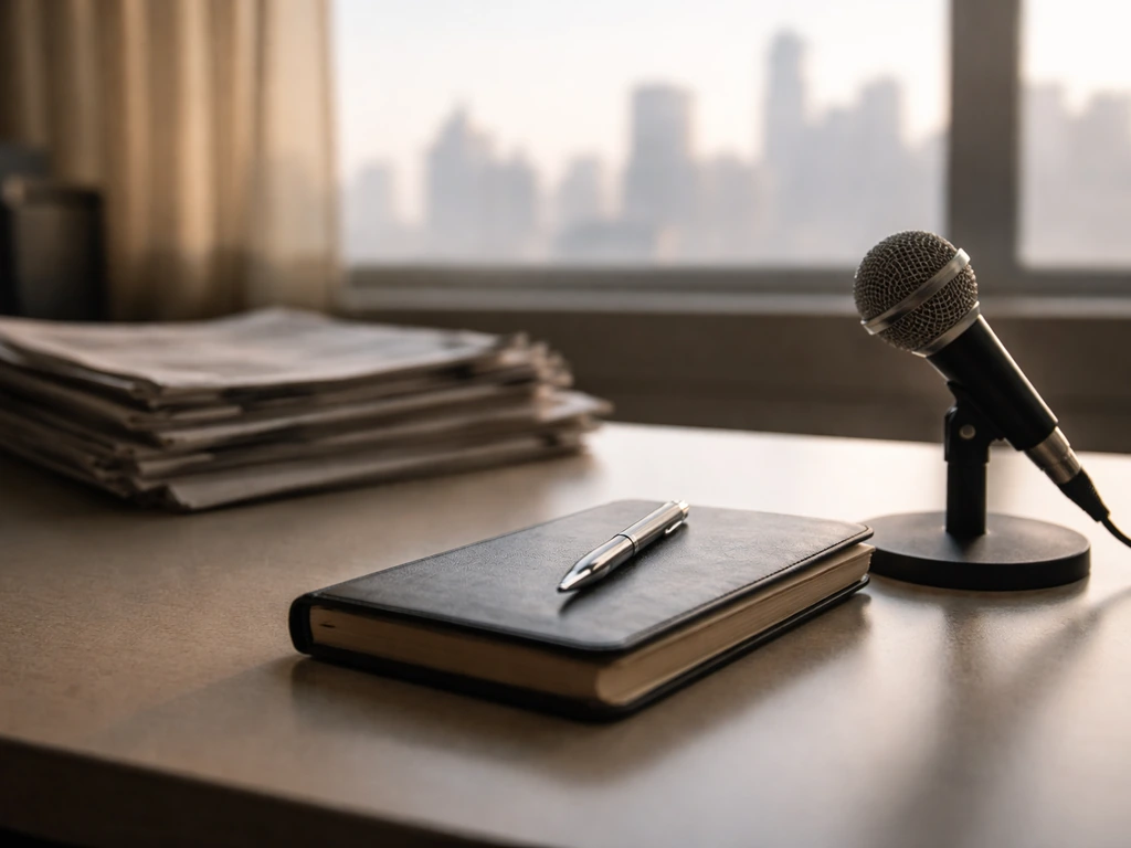 Empty newsroom desk with microphone and closed notebook, city skyline through a window, natural light.