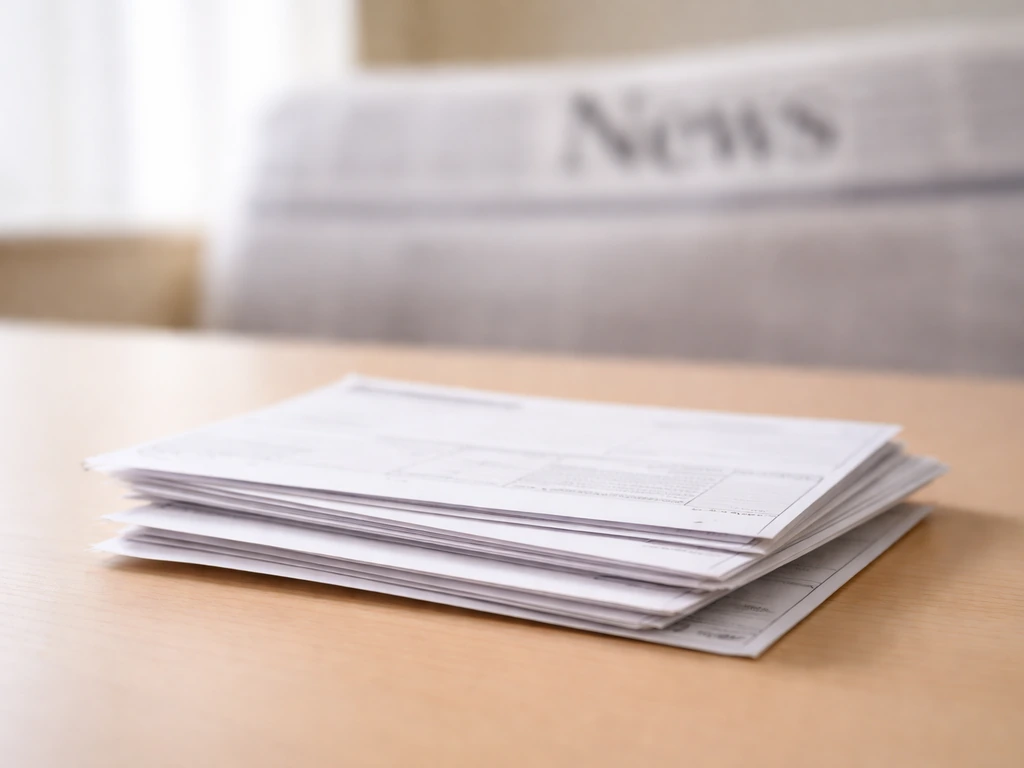 Close-up of paystub-like documents beside a muted newspaper masthead-style backdrop.