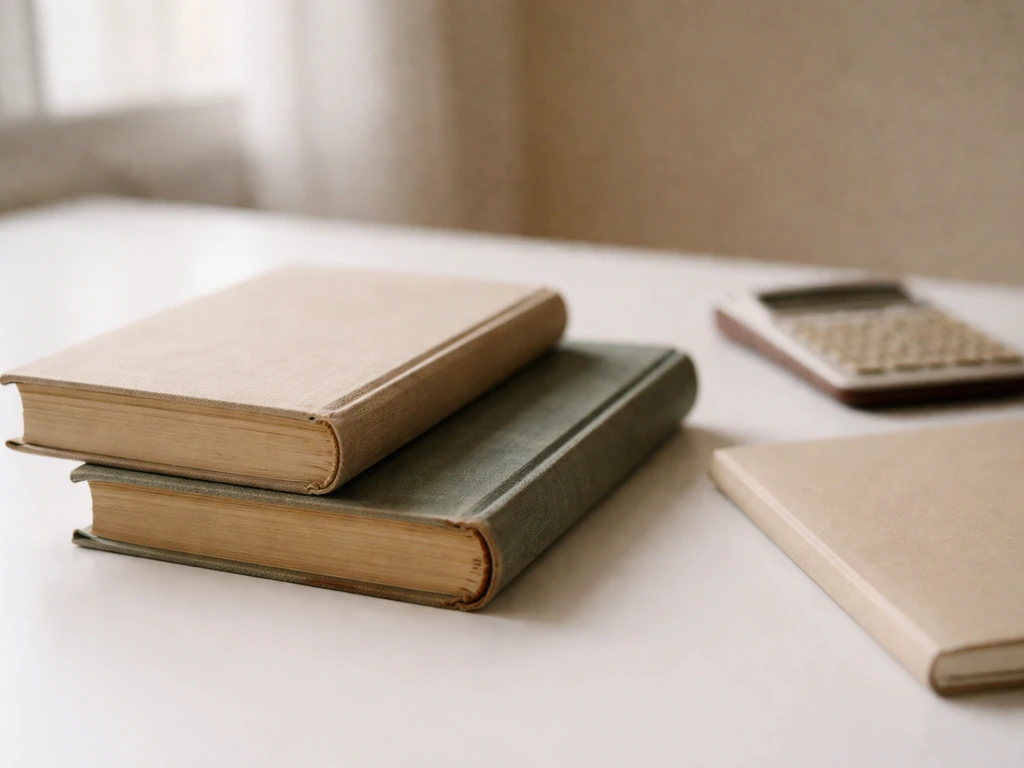 Two hardcover books side-by-side on a desk with a simple financial-themed calculator nearby