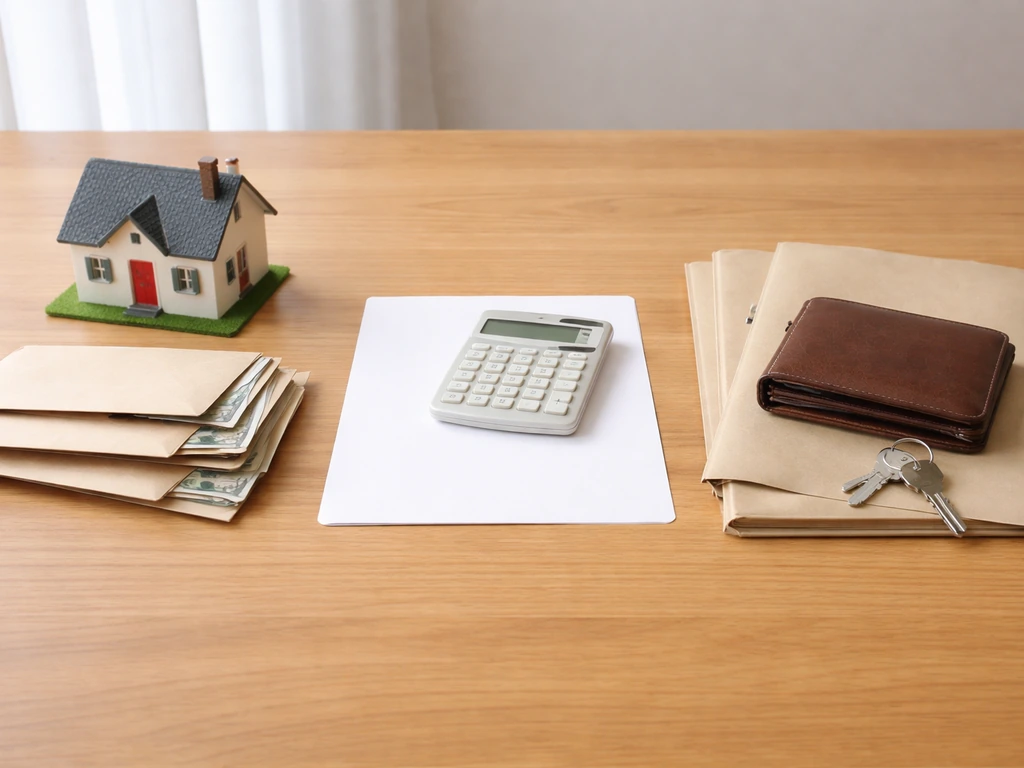 Minimal photo showing a notebook with money envelopes, a small house model, and a wallet beside a set of keys