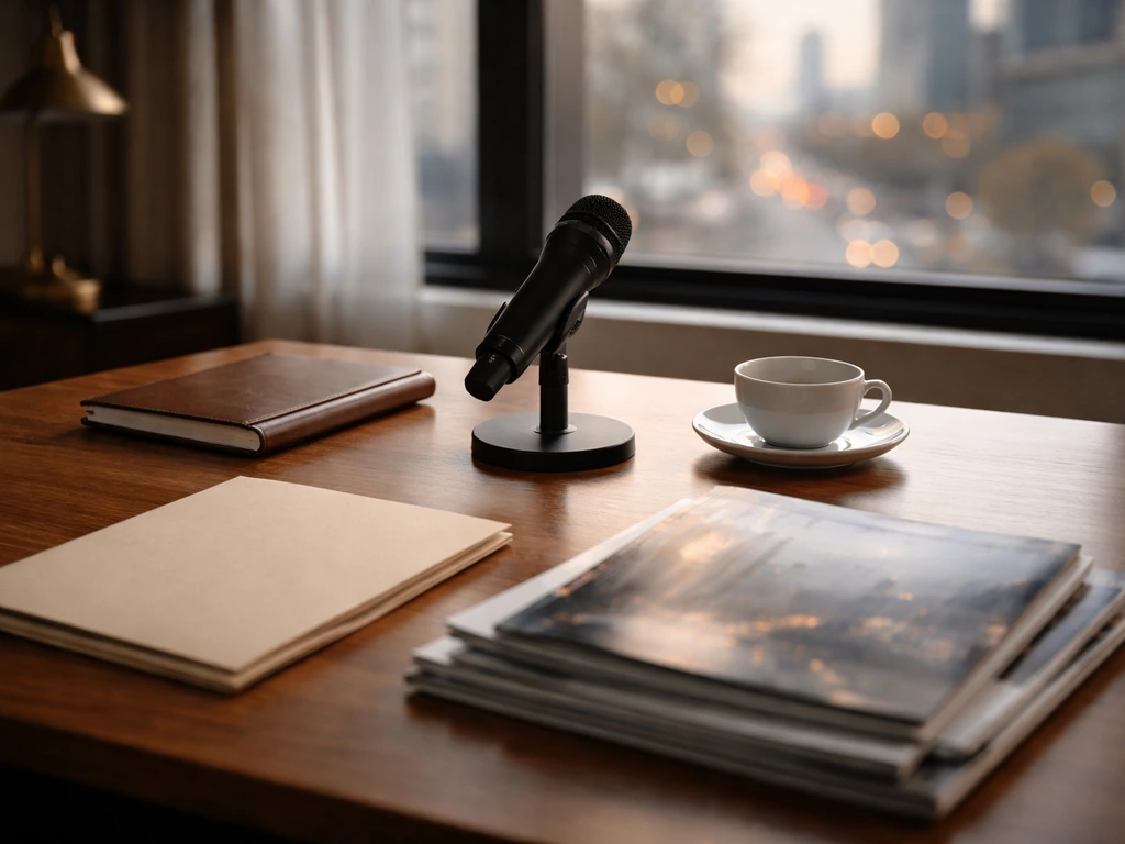 Minimal London office desk with microphone and business materials suggesting a wealth report brand presence.