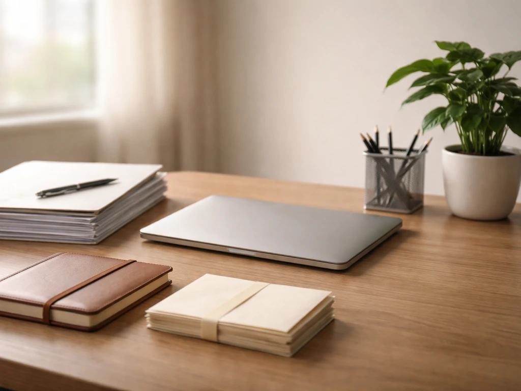 Minimal desk scene with business documents, a pen, and a closed laptop symbolizing wealth drivers