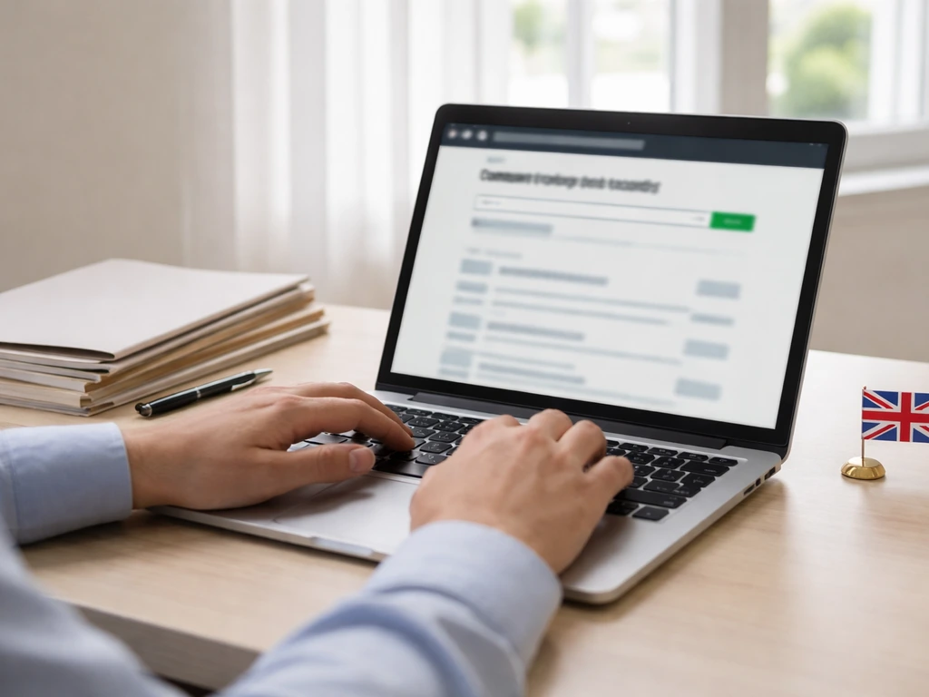 Hands at a desk using a laptop with blurred company-records search, plus blank documents to verify filings.