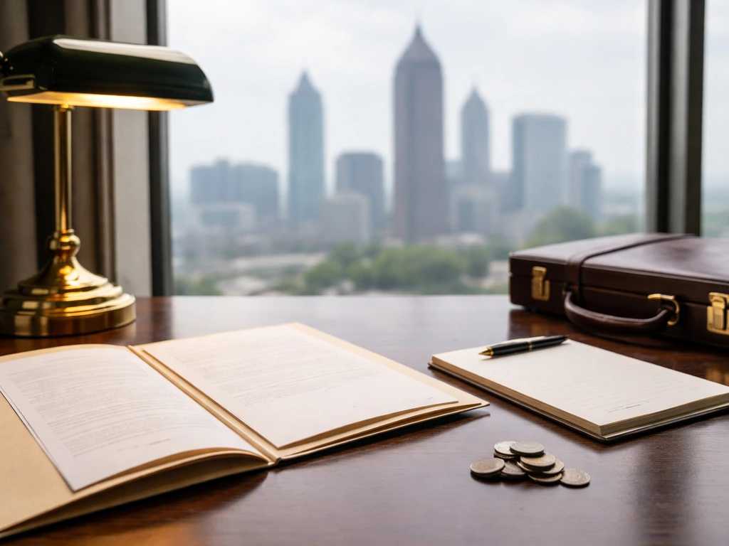 Attorney-style desk scene with legal files and a city skyline backdrop suggesting net-worth verification