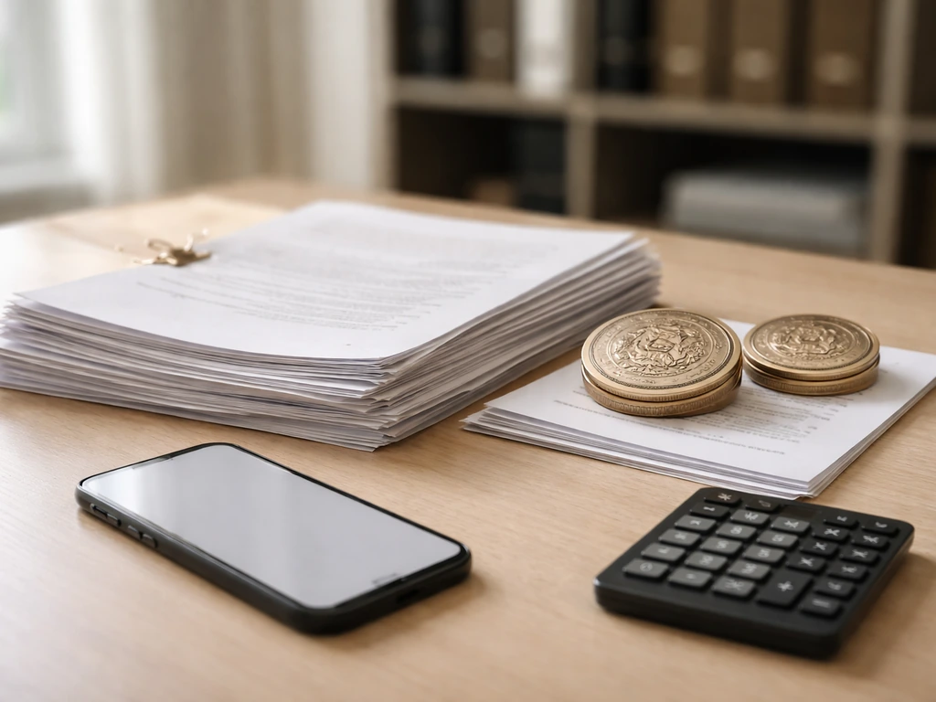 Close-up of a legal research desk with courthouse stamps, a phone, and neatly stacked documents beside a calculator