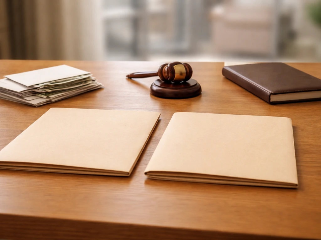 Minimal desk scene with two folders and neatly arranged cash envelopes beside a courtroom-style gavel