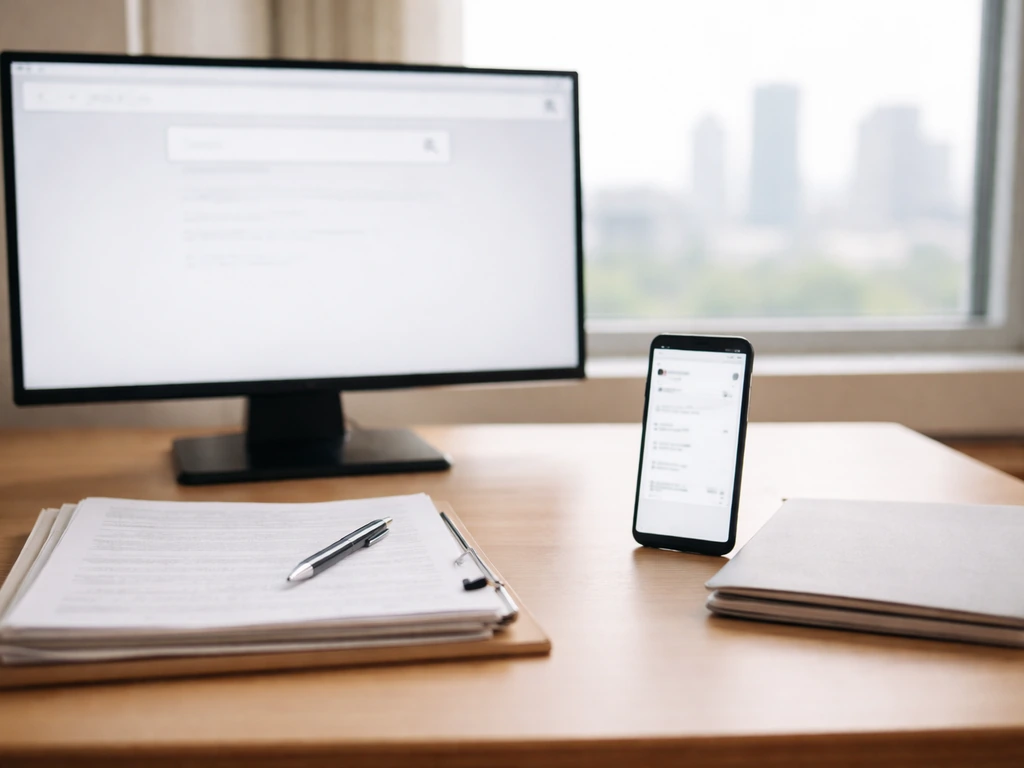 Minimal desk scene with paperwork, pen, phone, and laptop suggesting public records verification workflow.