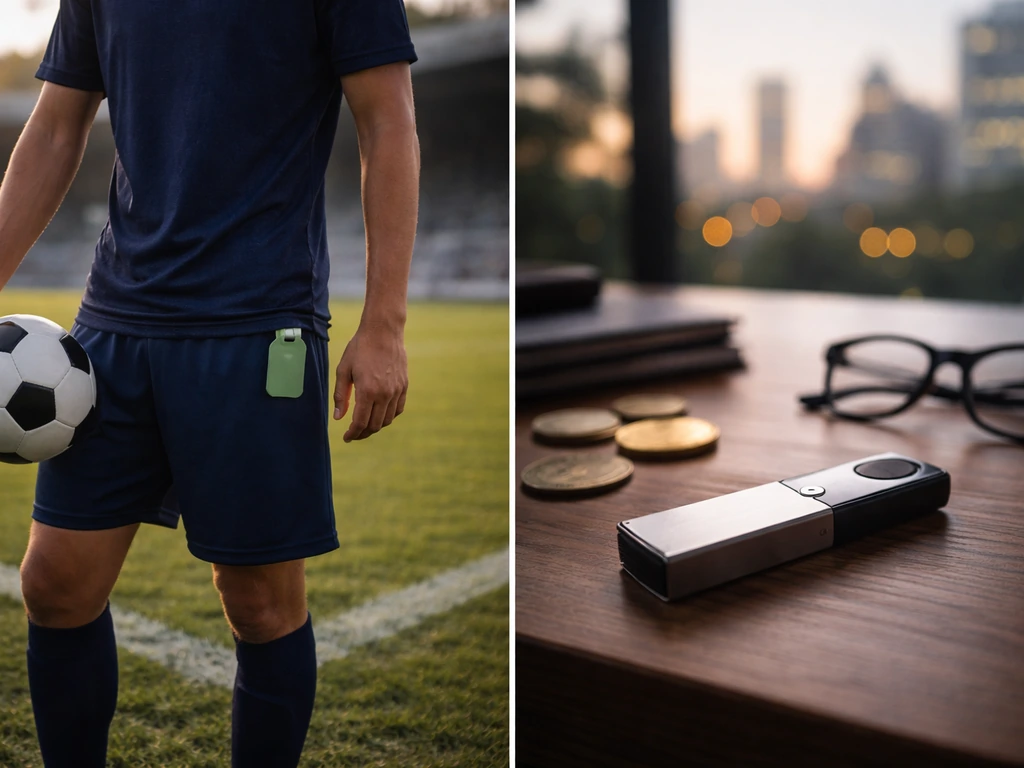 Split image: anonymous footballer on grass vs hardware crypto wallet on a desk.