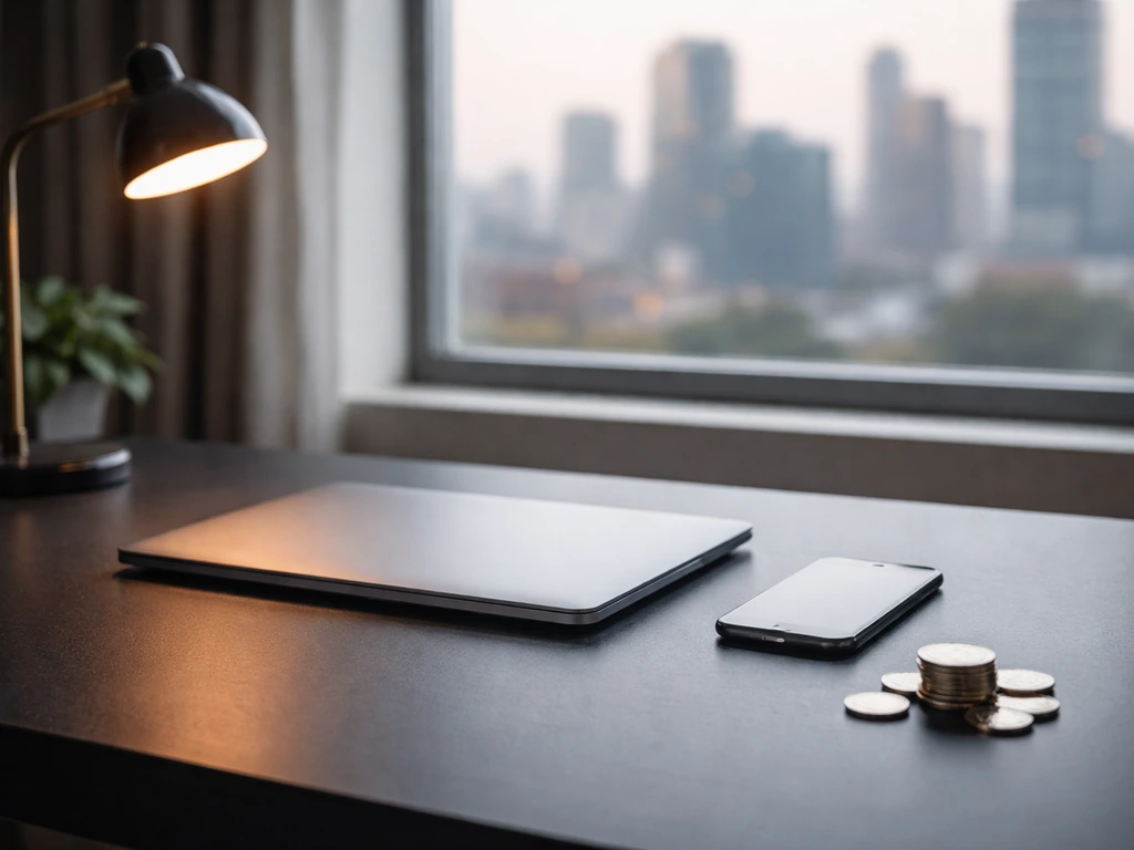 Minimal photo of a dim studio desk with a laptop, smartphone, and cash-like tokens representing crypto net worth analysi