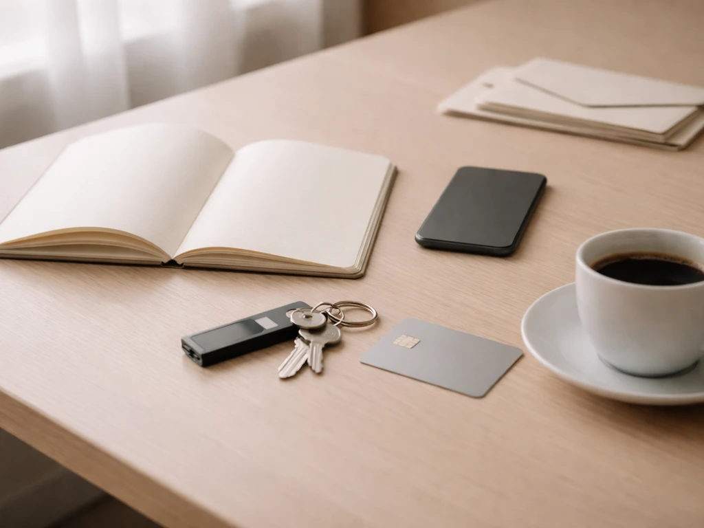 Minimal desk scene with a phone, card, and crypto hardware wallet-like device beside blank paperwork.