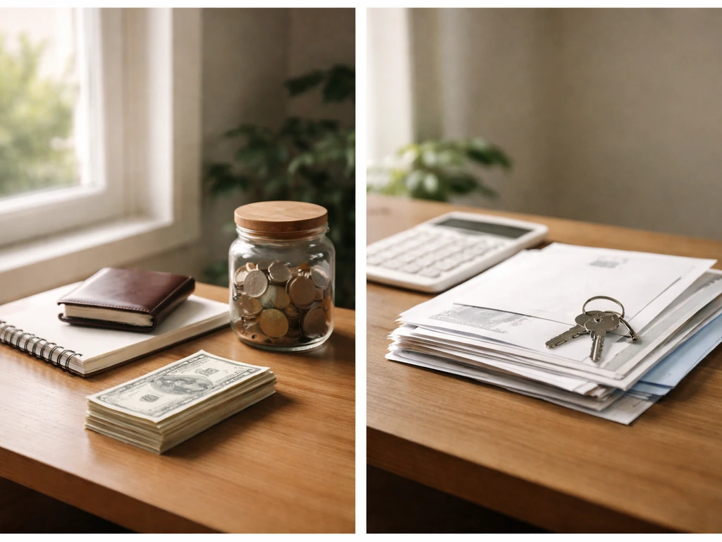 Minimal split scene showing cash/investments on one side and debt bills on the other, symbolizing net worth.