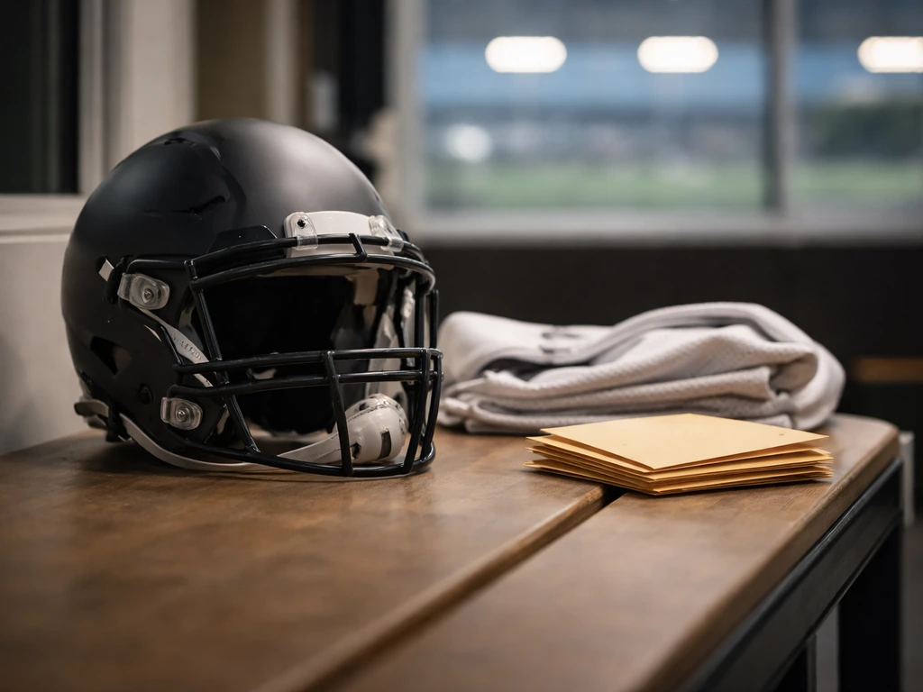 Anonymous football helmet and practice jersey beside plain envelopes in a quiet training facility.