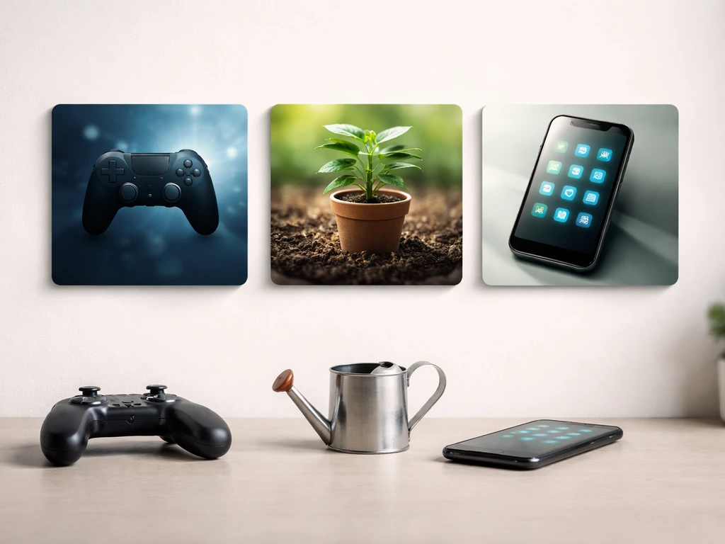 Minimal collage of three entrepreneurial venture tiles on a desk with tech objects, no readable text.