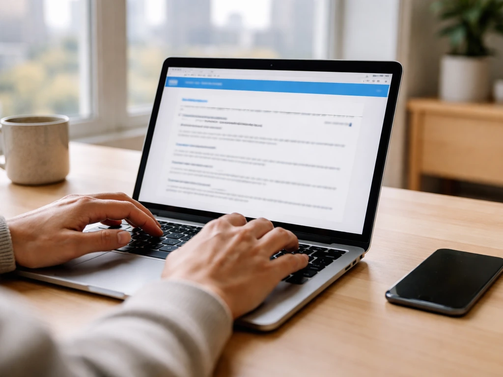 Hands reviewing a laptop screen with a generic filings search page on an office desk