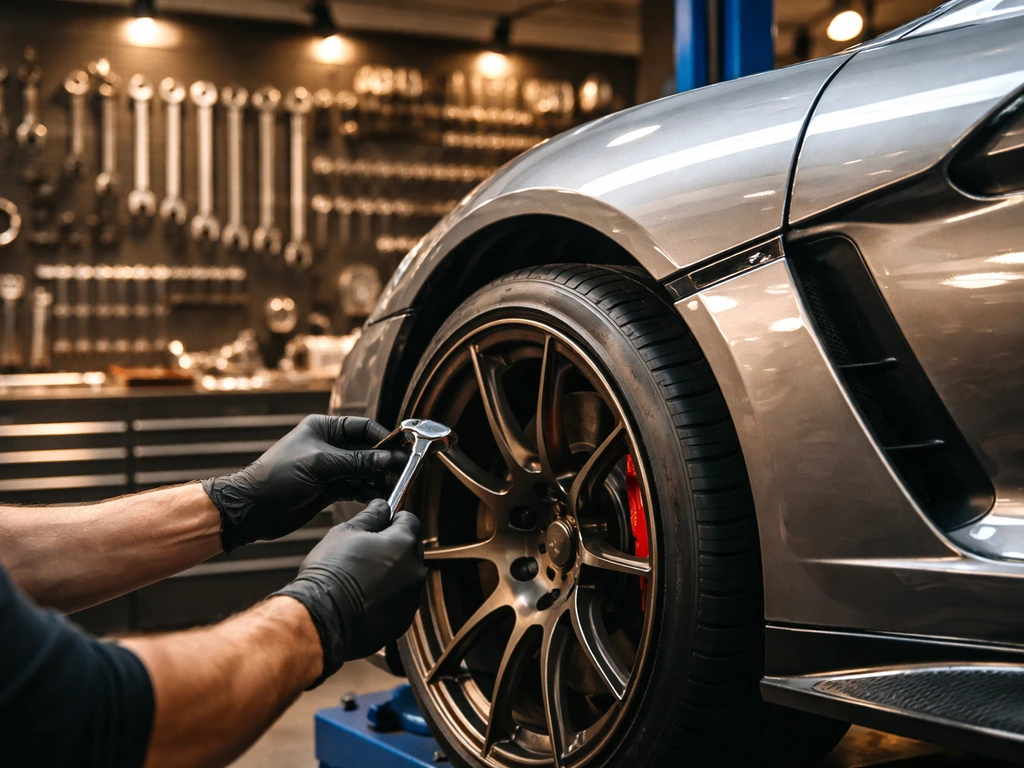 Anonymous custom car workshop scene with a lifted car and mechanic tools, symbolizing wealth verification.