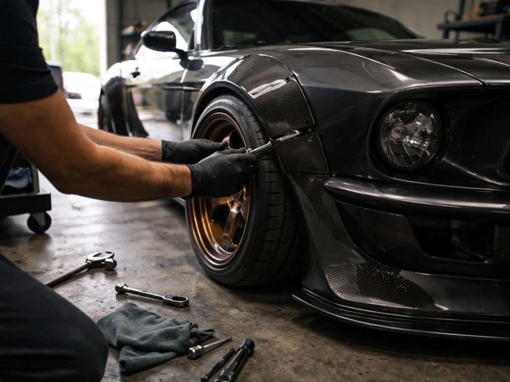 Anonymous custom car builder working in a garage beside a modified Ruffian-style sports car