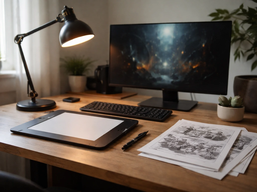 Minimal game studio desk with digital art tools and blank concept sheets, lit by natural window light.