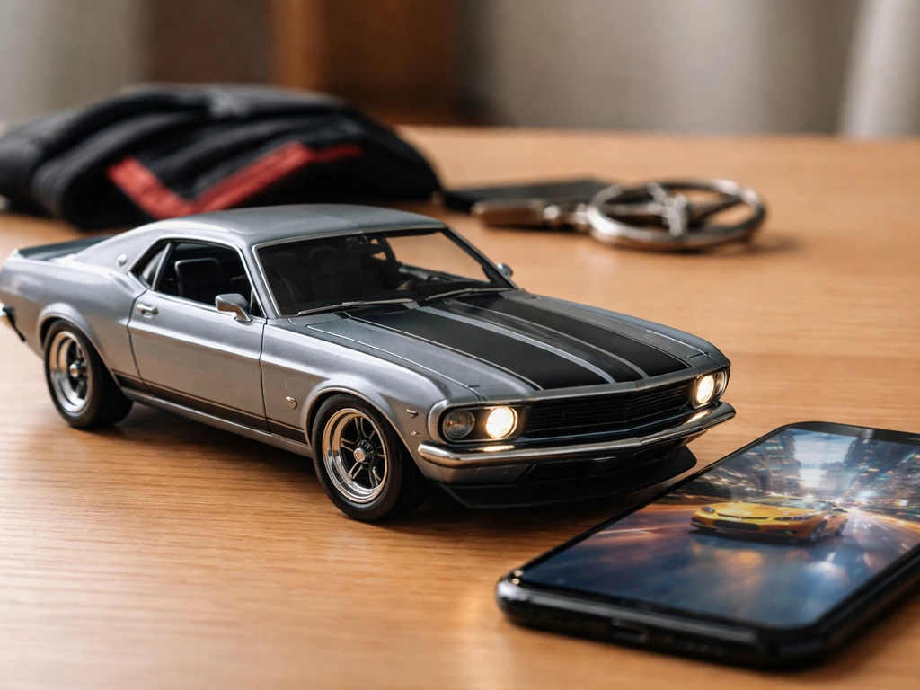 Vintage 1970 Mustang-style model beside a smartphone showing a blurred mobile racing scene
