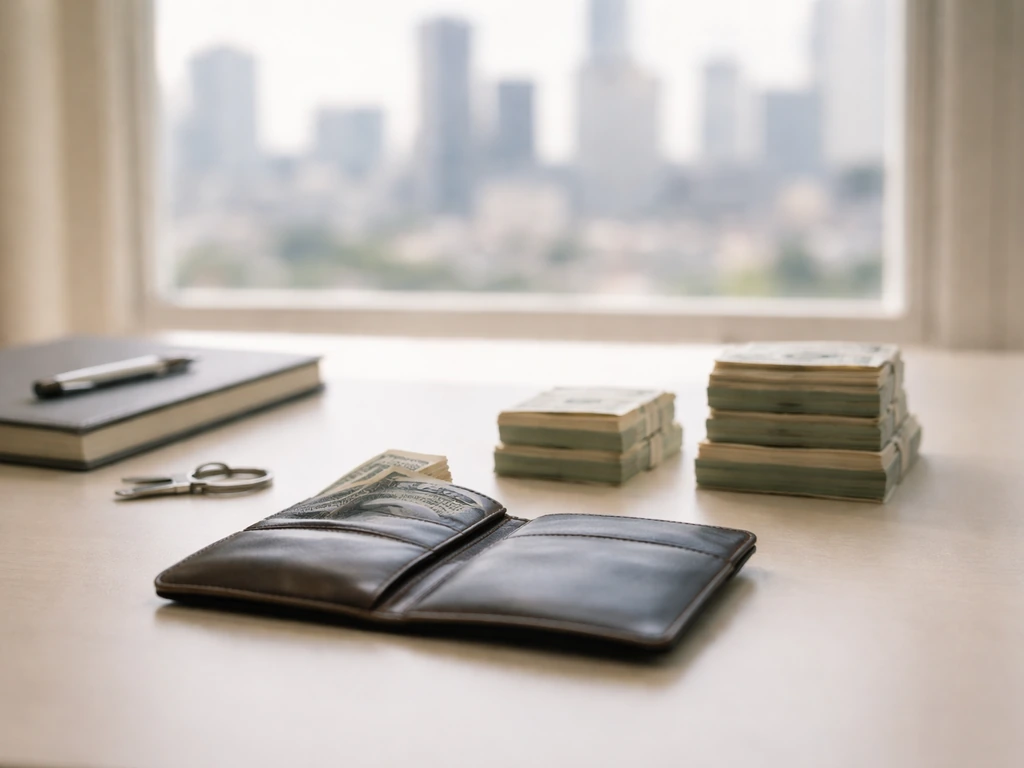 Minimal desk scene with wallet and three subtle cash stacks suggesting a conservative-to-higher range.