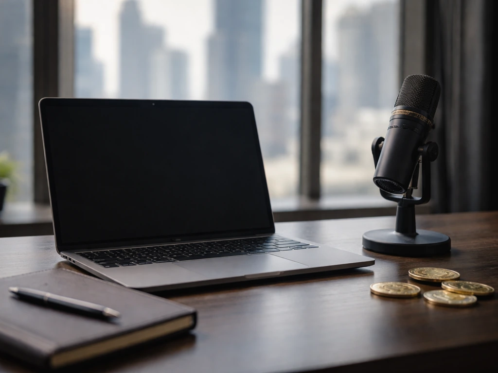 Minimal crypto-office desk scene with laptop and microphone, city light through window, no people.
