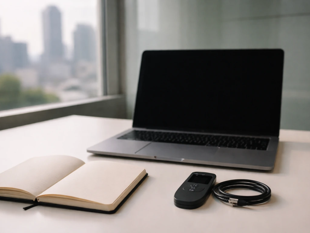 Minimal office desk with a bitcoin hardware wallet and laptop, suggesting a fintech acquisition era.