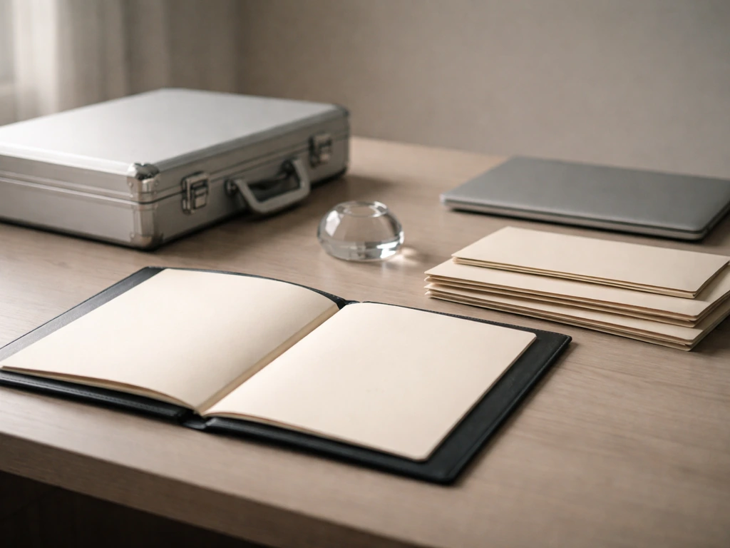 Minimal desk scene with briefcase and stacked envelopes symbolizing major and minor asset holdings.